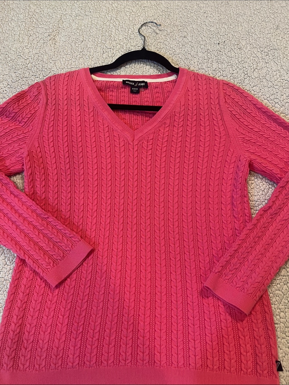 Nautica Hot Pink Cable-Knit V-Neck Sweater